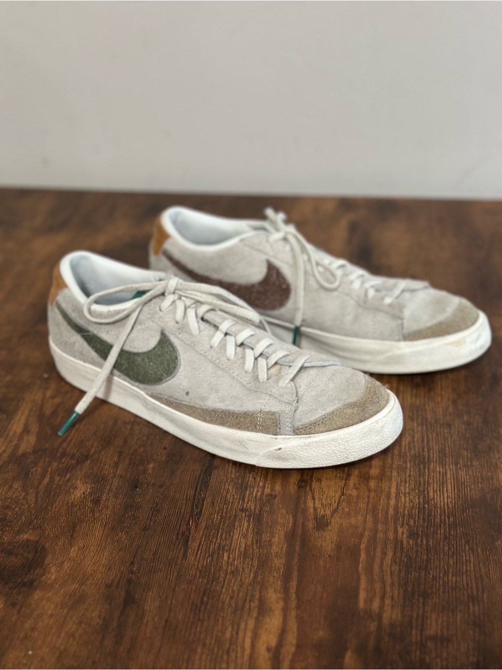 Nike Low-Top Suede Sneakers in Beige with Olive & Brown Swooshes
